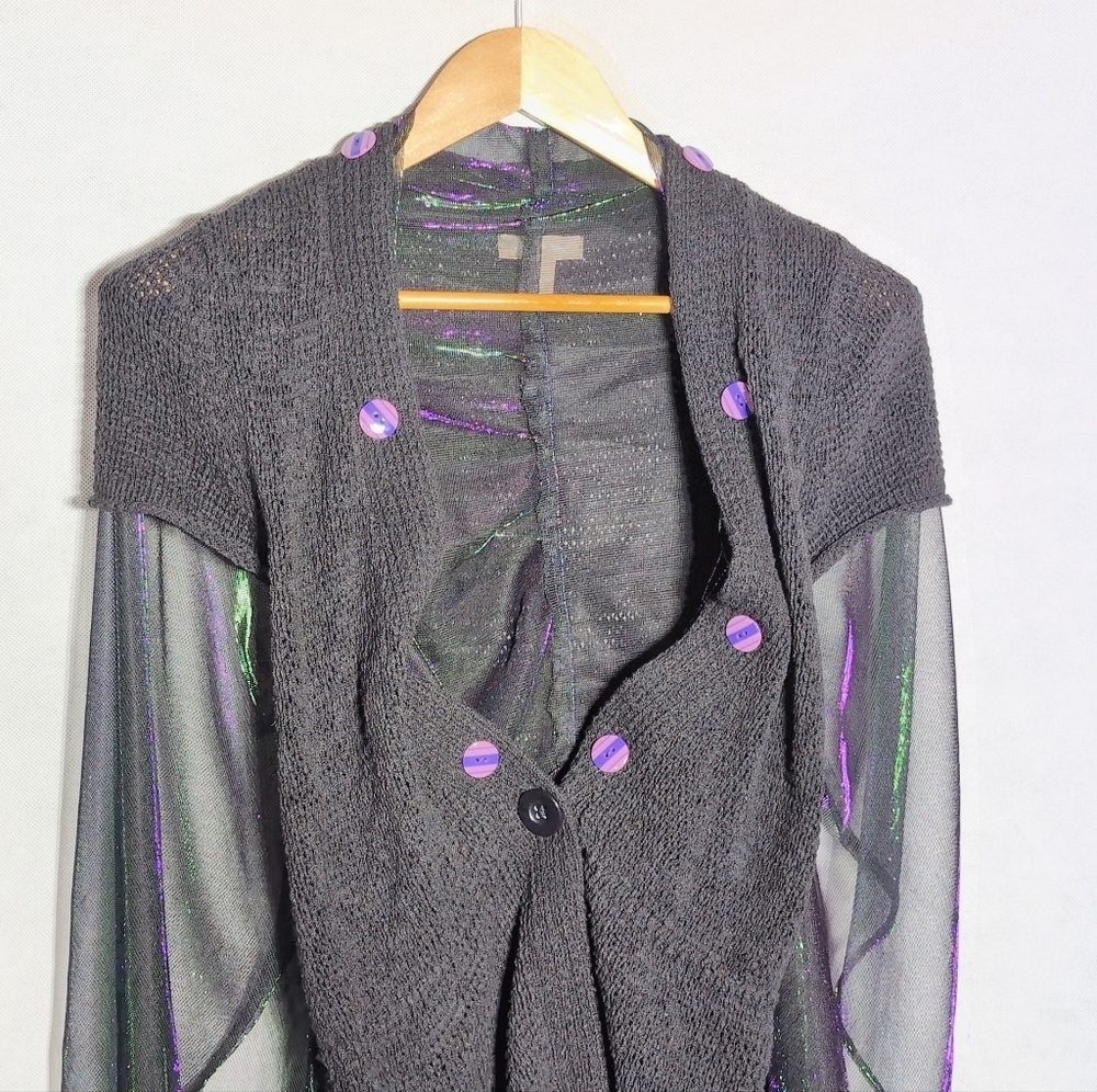 White Stag Sz M Elegant Sheer Harem Sleeve Sweater - Black Green and Purple - Picture 3 of 8